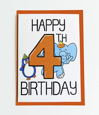 HAPPY 4TH BIRTHDAY Card For 4 Year Old Birthday Card Cute Penguin And Elephant  • £3.50