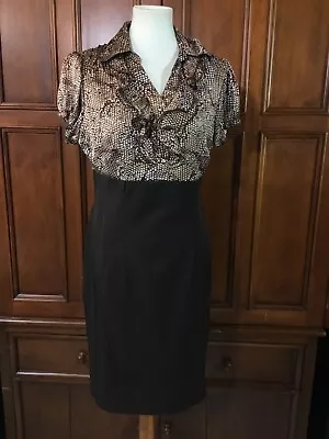 Voir Voir Women’s Dress Size 10 Solid Brown Bottom Animal Prints Neck Ruffle To • $17.75