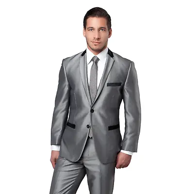 Black Tone On Tone Shiny 2-PC Slim Fit Suits For Men • $161.99