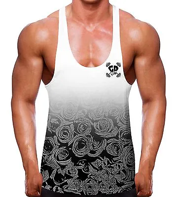 Black And White Rose Fade Bodybuilding Stringer Vest Men Gym Wear Racer Back Y • £17.87