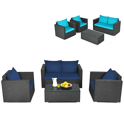 4PCS Patio Rattan Furniture Set Cushioned Sofa Loveseat W/Navy & Turquoise Cover • $409.95