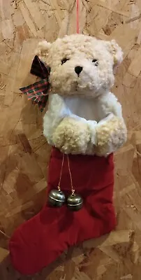 Fairview Christmas Stocking Teddy Bear Plush W/ Hanging Bells Vintage 3D • $19.99