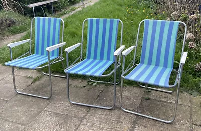 3 X Vintage Garden Fold Up Chairs Blue And Turquoise Tube  RETRO • $58.08