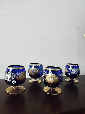 Set Of 4 Ornate Cobalt Blue Gold Hand Painted Bohemia Glasses Snifter Vintage  • £100