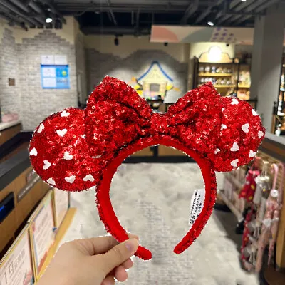 US Valentines Day Heart Red Sequin Bow Disney Parks Ears Mickey Mouse Headband • $17.99