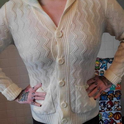 £30.69 • Buy Vintage 60's 70's Solid Ivory Cable Knit Cardigan Sweater Capsule Wardrobe