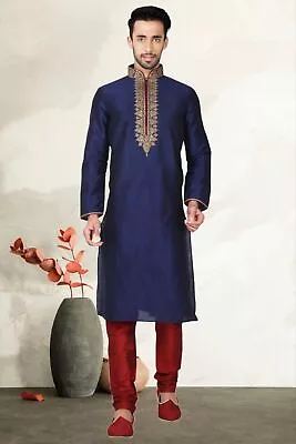 Kurta Indian Silk Men's Wear Blue Shirt Men Pajama Dress Clothing Traditional • £47.58