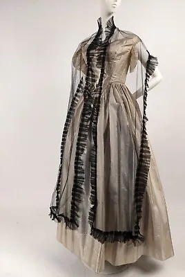 Beautiful Civil War Era Sheer Silk Tulle Long Shawl W Pleat Ruffles For Dress  • $225