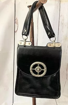 Vintage Gothic Steampunk Black Patent Framed Handbag Flap Turn Lock SYMOR • $26.95
