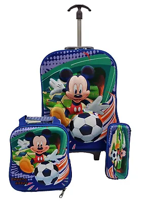 £29.99 • Buy 3 Pcs Mickey Mouse Kids Wheels Trolley Bag School Lunch Pencil Case Boys Girls