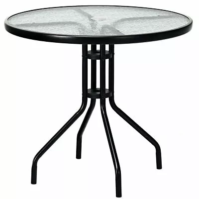 Costway 32  Tempered Glass Top Round Table W/Umbrella Hole Steel Outdoor Beach • $69