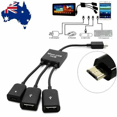 $9.49 • Buy 3 In 1 Micro USB HUB MALE TO FEMALE And Double USB 2.0 Host OTG Adapter Cable AU