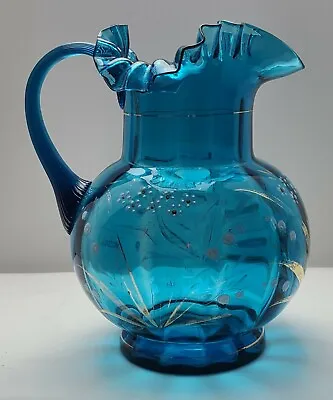 Vintage Collectible  Hand Blown Victorian Blue Pitcher Enamel Hand Painted  • $34.99