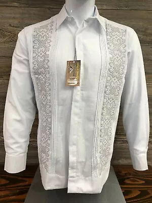 Men Mexican Guayabera Wedding Dress Shirt White Linen Silver Double Embroidery • $75