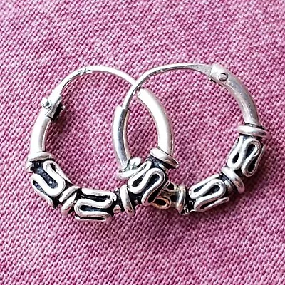 BALI 925 Sterling Silver Ethnic Tribal Hoop Earrings Vintage Stamped E1 • $9.99