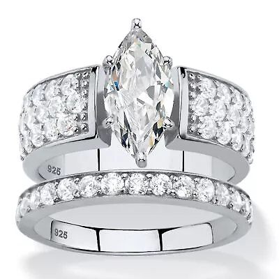 PalmBeach Jewelry Platinum-plated Silver Marquise-Cut CZ Bridal Ring Set • $59.99
