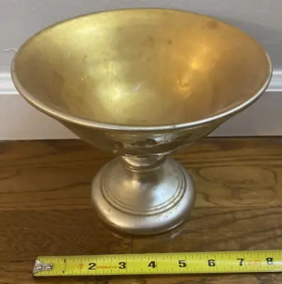 Antique Mercury Glass Chalice Compote Gold Bowl 6  Leaves Vines Old Label • $124.76