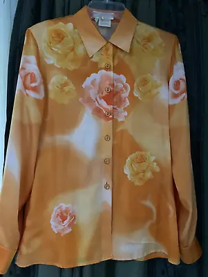 Escada Vintage Silk Blouse In Shades Of Mustard Beige Large Rose Print 38 10-12 • $89.98