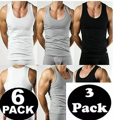 MENS VESTS 100% Cotton TANK TOP SUMMER TRAINING GYM TOPS PACK PLAIN S-2XL • £8.44