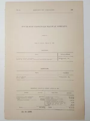 1909 Document SOUTH SIDE PASSANGER RAILWAY Williamsport PA Trolley Streetcar  • £6.71