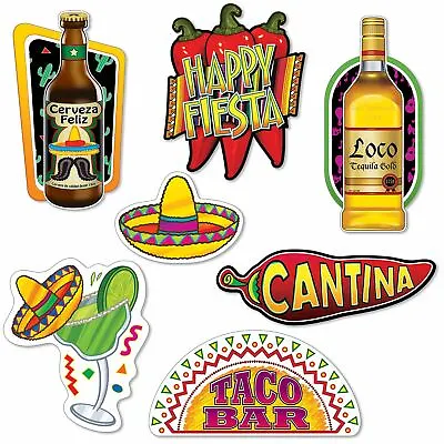7 X Mexican Fiesta Colourful Card Cutouts (25 - 42cm) Mexican Party Decorations • £13.94