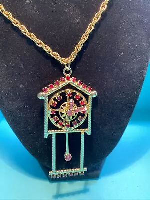 Vintage Rhinestone Clock Pendant Necklace With Moving Arms & Pendulum • $39.95