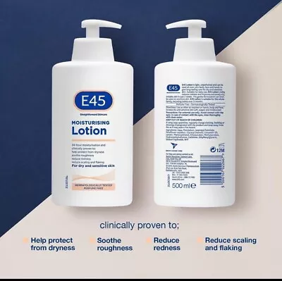 E45 Lotion Cream Pump 500 G  Dermatological Moisturiser Long Lasting X2 • £18