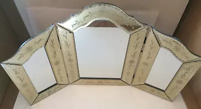 Venetian Style Etched Glass Trifold Vanity Mirror~USED~15  Gold Tone Unbranded • $69.95