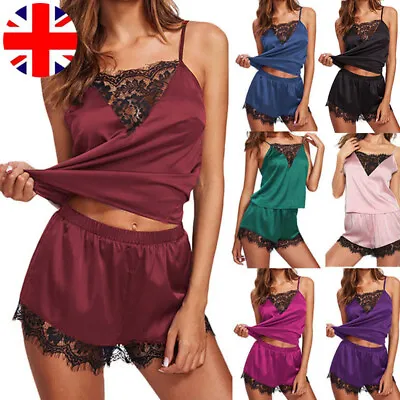 Womens Ladies Satin Silk Lace Cami Vest Shorts Lingerie Pyjamas Set Pj Sleepwear • £5.88