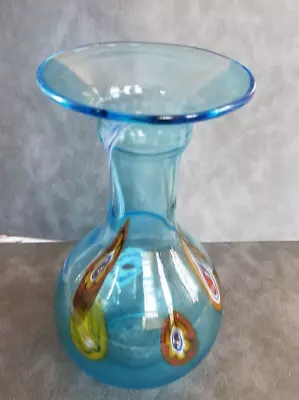 Hand Blown Art Glass Light Blue Vase W/Swirled Millefiori 8  • $100