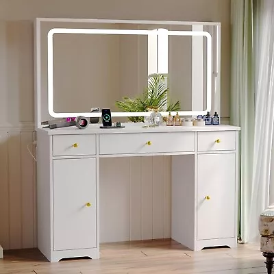 Vanity Desk With Large LED Lighted Mirror & Power Outlet Makeup Vanity Table • $259.99