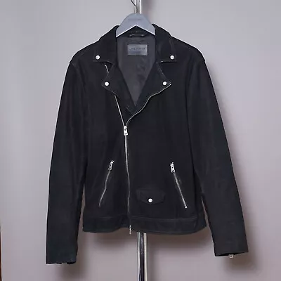 ALL SAINTS Mens MAURI Leather Jacket LARGE Black Biker Suede Moto Bomber L • £169.99
