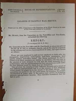 Government Report 2/14/1882 US Post Office Railroad Mail Service Railway  • $22