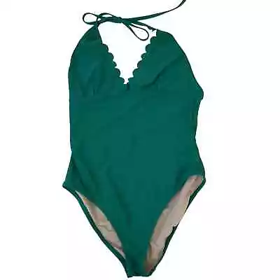 J. CREW Scallop Plunge One Piece Swimsuit Medium Green Scallop Halter Top • $35.99