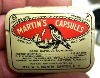 Vintage Martin's Capsules Hinged Lid Tin 8 Tablet Size Bird Advertising • $14.99