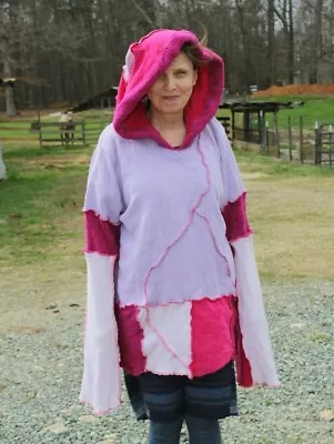 Upcycled Sweater Pink Red LL Bean Heavy XL/XXL 23  Bust Hooded Elven Fairy Boho • $24.73