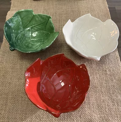 (3) Italian Ceramic Red White & Green Footed Dip Salsa Nut Bowls W/Cabbage Leaf • $10.79