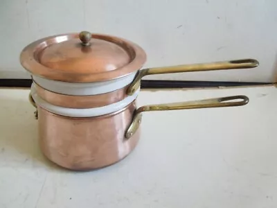 Vintage Korea NW Copper & Ceramic Pot - Double Boiler W/ Brass Handles • $49