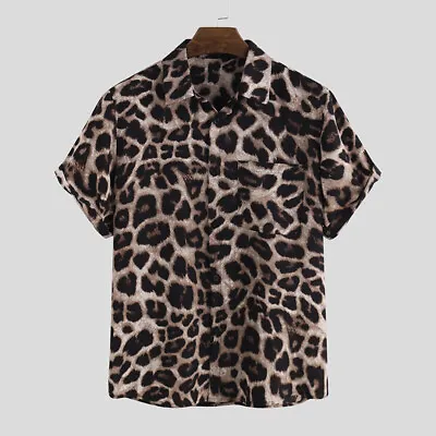 Mens Leopard Printed V Neck Tops T-shirt Holiday Casual Loose Tee Shirt Blouse • £10.25