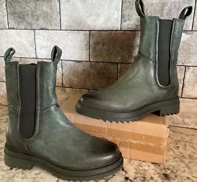 Miz Mooz Fennel P94204 Green Leather Zip Up Chelsea Boots Lug Sole Womens EU 38 • $39