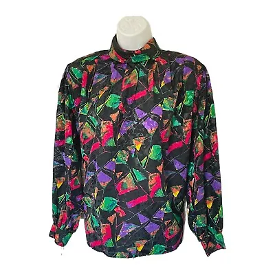 Vintage 80s Secretary Blouse Rainbow Abstract Wild Satiny Purple Pink • $19