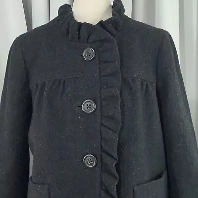 J Crew Jacket Womens 6 Gray Charcoal Fiona Wool Ruffle Lined Pockets Girly • $21.70