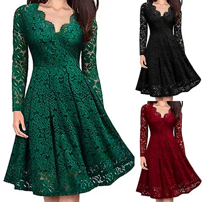 $7.99 • Buy Women's Casual Lace Long Sleeve Midi Dress Sexy V-Neck Party Cocktail Dresses US