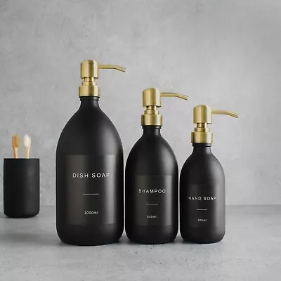 £12.99 • Buy Matte Black Glass Labelled Refillable Bottle With Metal Gold Pump Dispenser