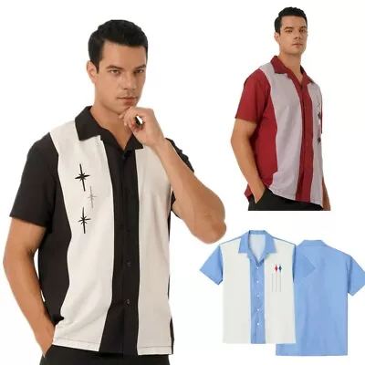 Men 50s Male Vintage Short Sleeve Bowling Shirts Casual Button-Down Camp T Shirt • £4.79