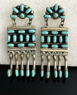 $265 • Buy Vintage Taxco Mexico Sterling Silver Dangle Turquoise Earrings Petit Point 2.25 