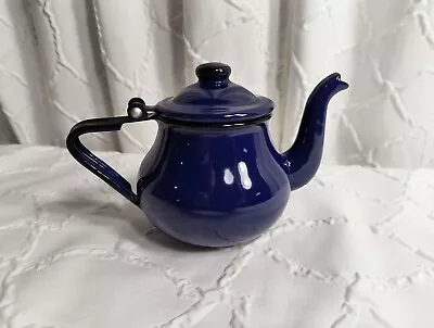 Vintage Cobalt Blue Enamelware Tea Pot With Hinged Lid White Interior Black Trim • $18.90