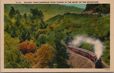 Red Locomotive Steaming From Tunnel Through Autumn Colored Southern Mountains • $4.45