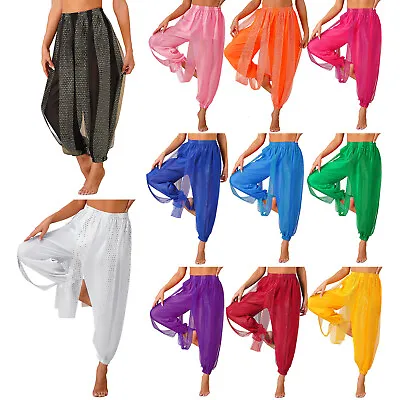 Women Belly Dance Costume Pants Side Split Sequins Harem Pants Arabic Trousers • £12.08