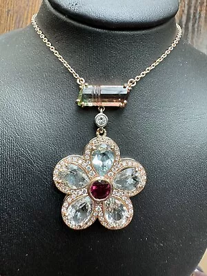 Cert.14K Rose Gold Natural 11.89CT Tourmaline Garnet Aquamarine Diamond Necklace • $2960